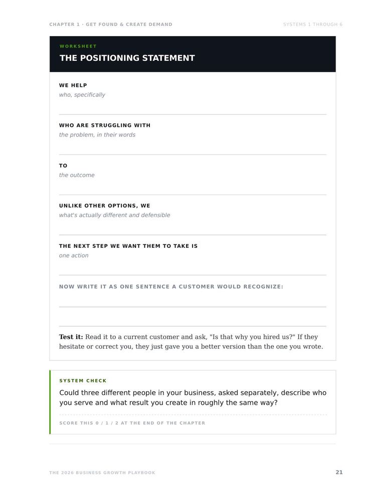 A fill-in positioning statement worksheet page
